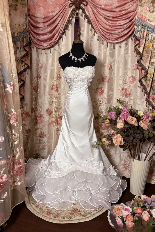 Retro Mermaid Sweetheart Satin 80s White Fitted Corset Long Wedding Dress Bride Gown Brides Dresses AU227