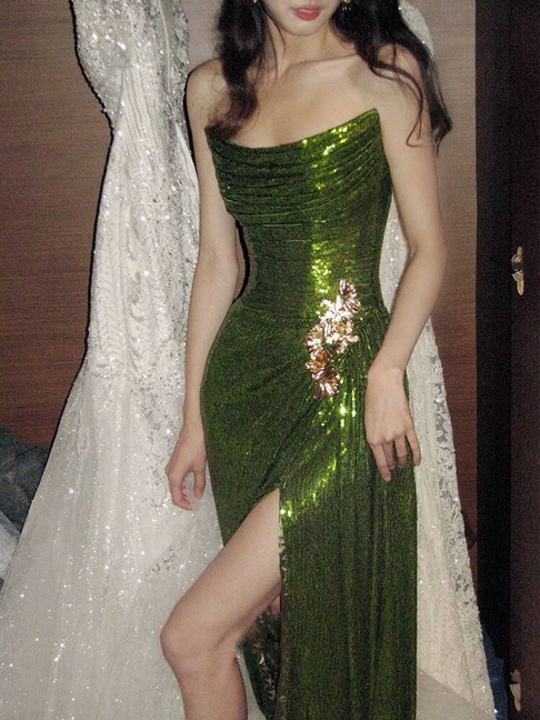 Modest Mermaid Strapless Sequin Green Long Prom Dresses Party Dress 20th Birthday Outfits Graduation Dress AU230