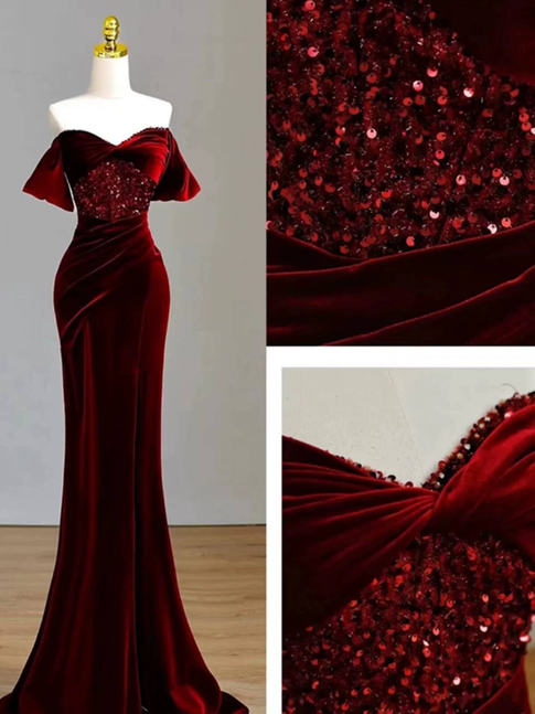 Charming Mermaid Off The Shoulder Burgundy Velvet Prom Dresses Inspiration Prom Dress Princess Graduation Dress AU232