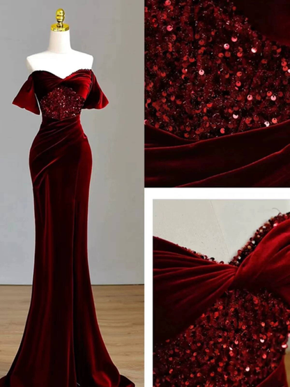 Charming Mermaid Off The Shoulder Burgundy Velvet Prom Dresses Inspiration Prom Dress Princess Graduation Dress AU232