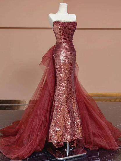 Modest Mermaid Strapless Sequin Pink Long Prom Dresses Party Dress 20th Birthday Outfits Graduation Dress AU233