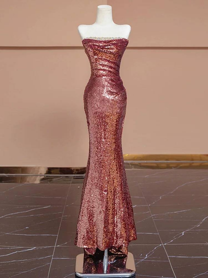 Modest Mermaid Strapless Sequin Pink Long Prom Dresses Party Dress 20th Birthday Outfits Graduation Dress AU233