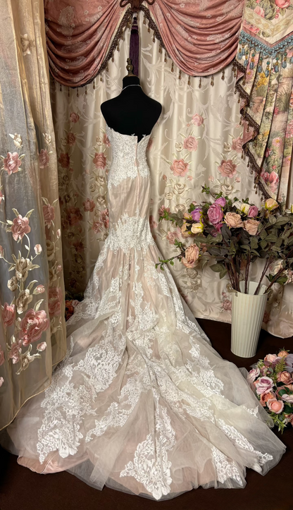 Retro Mermaid Sweetheart Champagne 1960s White Fitted Corset Bride Gown Long Lace Wedding Dresses AU233