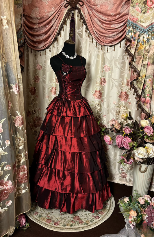 Retro-Abendkleider, Ballkleid mit Spaghettiträgern, burgunderrot, Vintage-Taft, langes Abendkleid, Partykleid AU235
