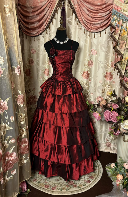 Retro-Abendkleider, Ballkleid mit Spaghettiträgern, burgunderrot, Vintage-Taft, langes Abendkleid, Partykleid AU235