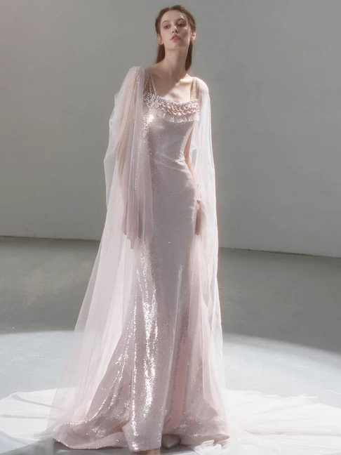 Modest Mermaid Spaghetti Straps Sequin Blush Pink Long Prom Dresses Party Dress 20th Birthday Outfits Graduation Dress AU237