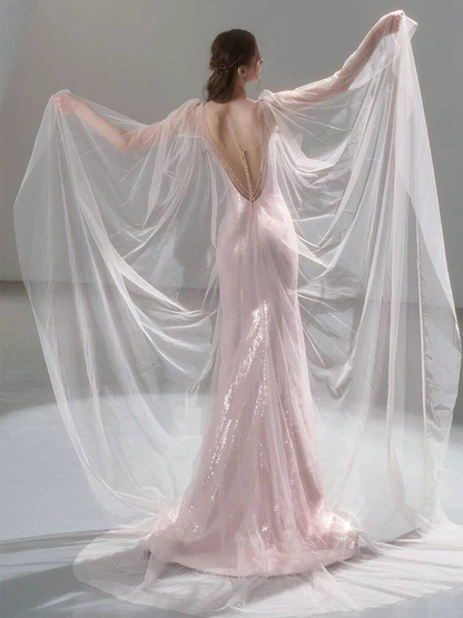 Modest Mermaid Spaghetti Straps Sequin Blush Pink Long Prom Dresses Party Dress 20th Birthday Outfits Graduation Dress AU237