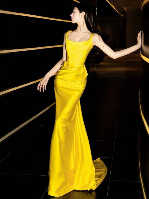 Modest Mermaid Square Neck Satin Yellow Long Prom Dresses Party Dress 21st Birthday Outfits Graduation Dress AU238