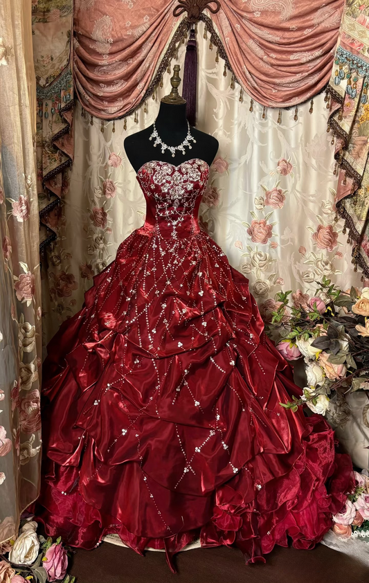Retro-Ballkleid, trägerlos, Perlen, burgunderrot, Organza, langes Abendkleid im Stil der 70er und 80er Jahre, AU241