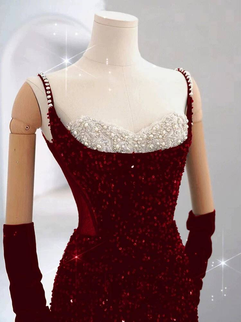Modest Mermaid Spaghetti Straps Sequin Red Long Prom Dresses Party Dress 21st Birthday Outfits Graduation Dress AU243