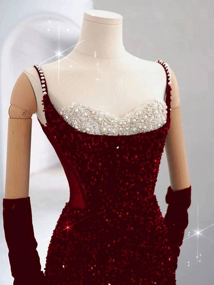 Modest Mermaid Spaghetti Straps Sequin Red Long Prom Dresses Party Dress 21st Birthday Outfits Graduation Dress AU243