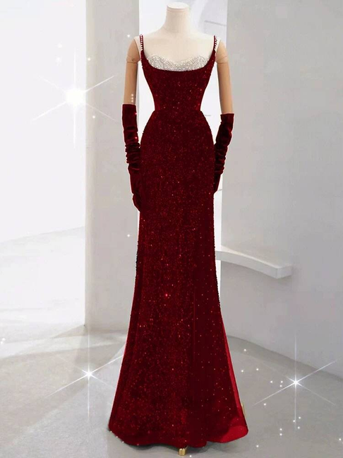 Modest Mermaid Spaghetti Straps Sequin Red Long Prom Dresses Party Dre ...