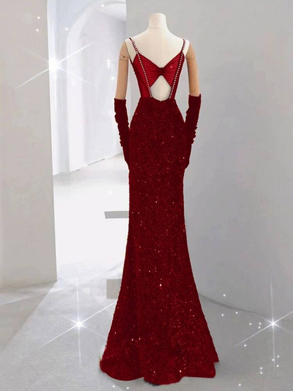 Modest Mermaid Spaghetti Straps Sequin Red Long Prom Dresses Party Dress 21st Birthday Outfits Graduation Dress AU243