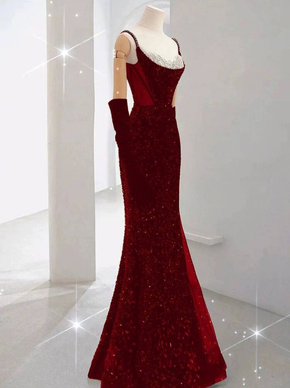 Modest Mermaid Spaghetti Straps Sequin Red Long Prom Dresses Party Dress 21st Birthday Outfits Graduation Dress AU243
