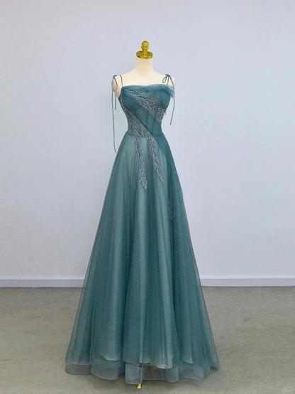 Sparkly A Line Spaghetti Strap Blue With Beading Tulle Prom Dresses Long Evening Party Formal Outfits RB6632