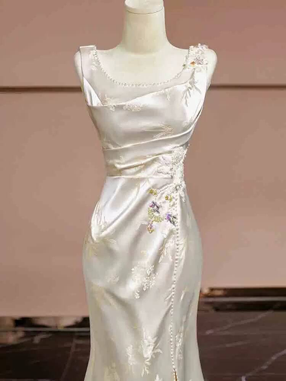 Vintage Mermaid Square Neck Satin Slit Long Prom Dresses Party Dress 20th Birthday Outfits Graduation Dress AU246