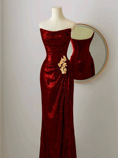 Modest Mermaid Strapless Sequin Burgundy  Long Prom Dresses Party Dress 20th Birthday Outfits Graduation Dress AU248