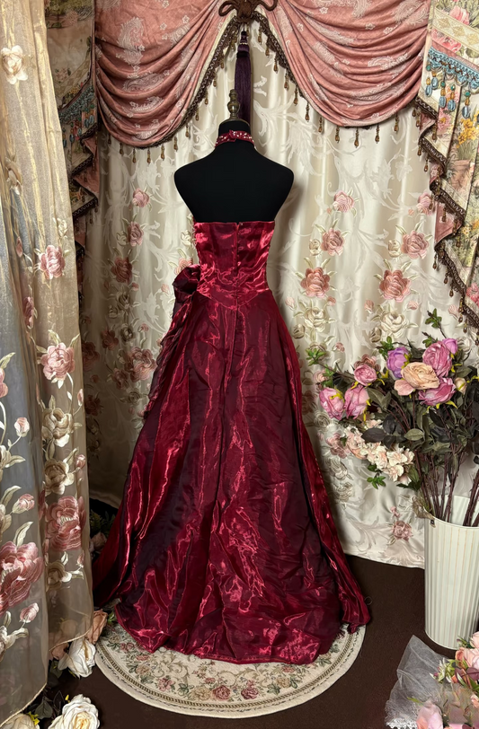 Retro-Ballkleid, trägerlos, Perlen, burgunderrot, Organza, langes Abendkleid im Stil der 70er und 80er Jahre, AU248