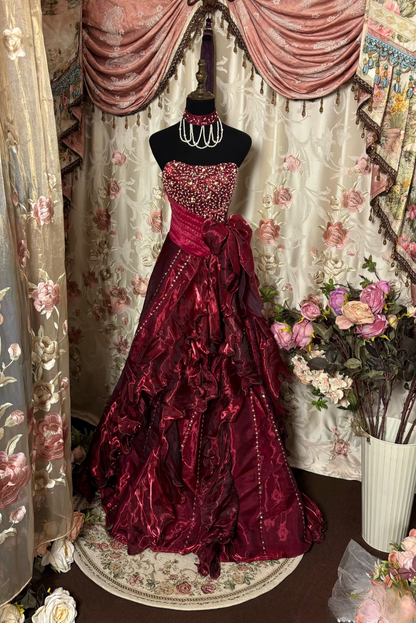 Retro-Ballkleid, trägerlos, Perlen, burgunderrot, Organza, langes Abendkleid im Stil der 70er und 80er Jahre, AU248