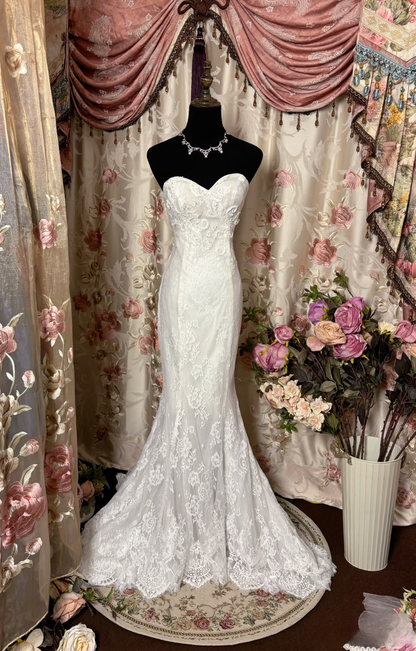 Retro Mermaid Sweetheart Lace 70s White Fitted Long Wedding Dress Bride Gown Brides Dresses AU250