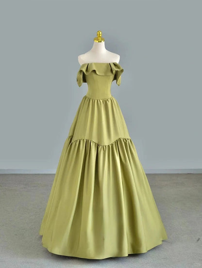 Chic Ball Gown Strapless Sage Green Satin With Ruffled Prom Dresses Long Evening Party Formal Outfits RB6635