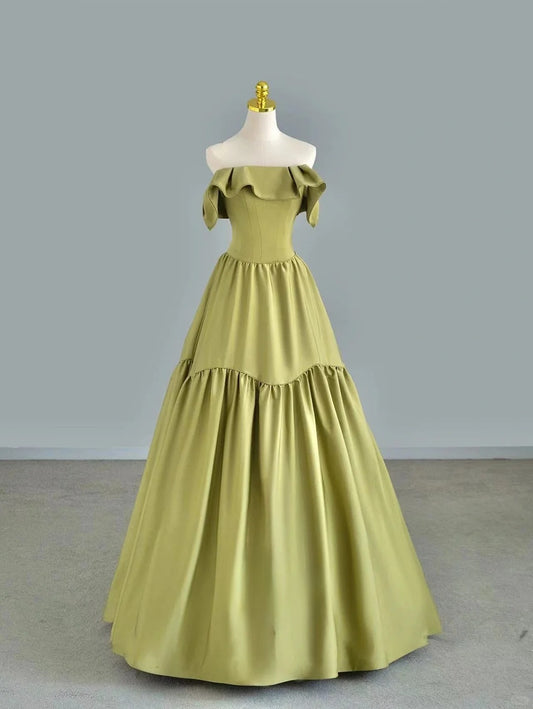 Chic Ball Gown Strapless Sage Green Satin With Ruffled Prom Dresses Long Evening Party Formal Outfits RB6635