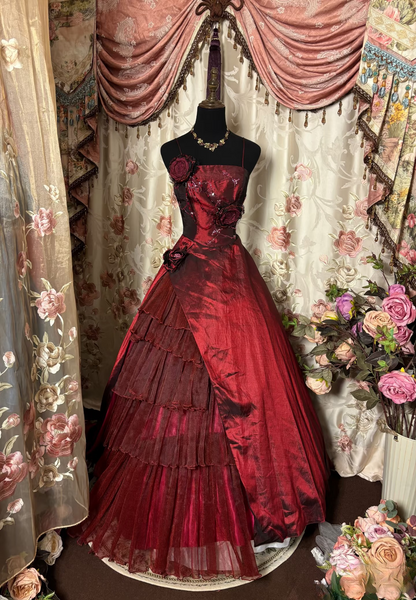 Retro-Abendkleider, Ballkleid mit Spaghettiträgern, burgunderrot, Vintage, langes Abendkleid, Partykleid AU252