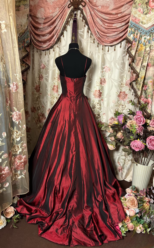 Retro-Abendkleider, Ballkleid mit Spaghettiträgern, burgunderrot, Vintage, langes Abendkleid, Partykleid AU252