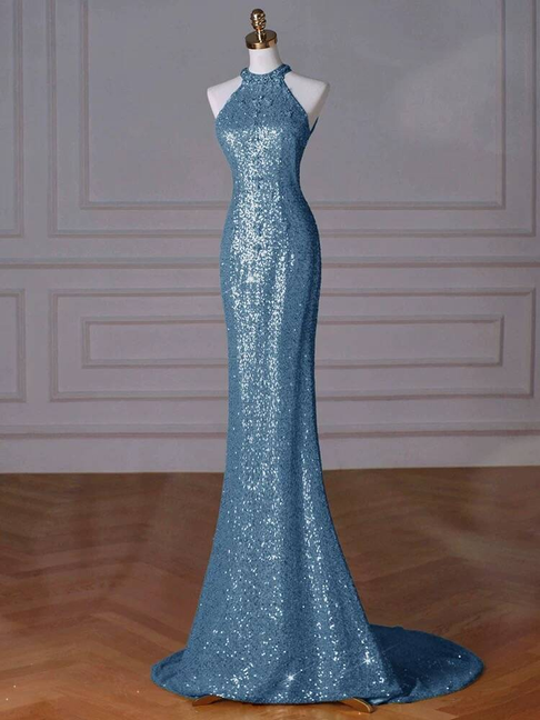 Modest Mermaid High Neck Sequin Blue Long Prom Dresses Party Dress 21st Birthday Outfits Graduation Dress AU253