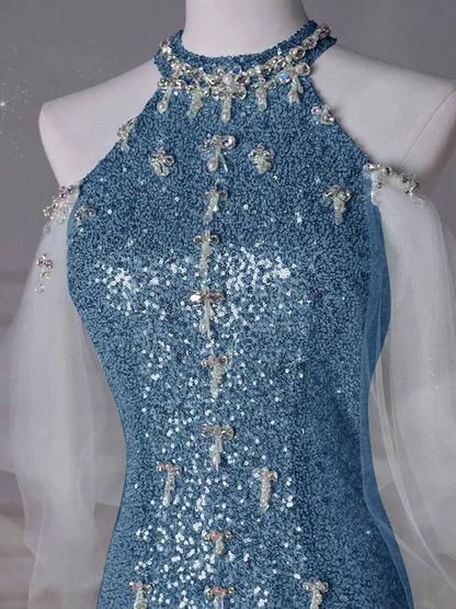 Modest Mermaid High Neck Sequin Blue Long Prom Dresses Party Dress 21st Birthday Outfits Graduation Dress AU253