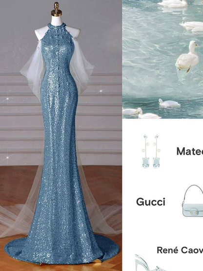 Modest Mermaid High Neck Sequin Blue Long Prom Dresses Party Dress 21st Birthday Outfits Graduation Dress AU253