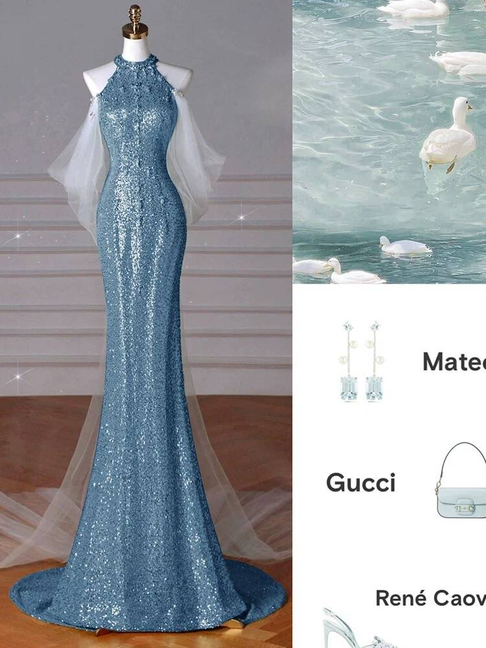 Modest Mermaid High Neck Sequin Blue Long Prom Dresses Party Dress 21st Birthday Outfits Graduation Dress AU253