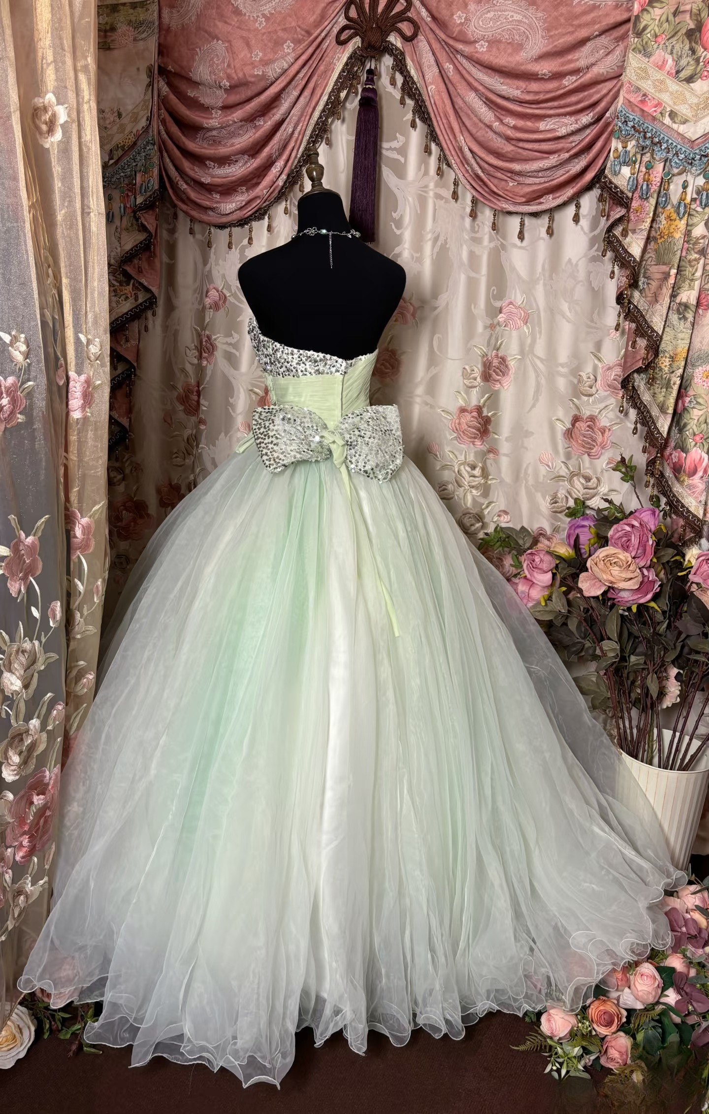 Retro-Ballkleid mit Herzausschnitt, Perlen, mintgrünem Tüll, langes Abendkleid im Stil der 70er und 80er Jahre, AU254