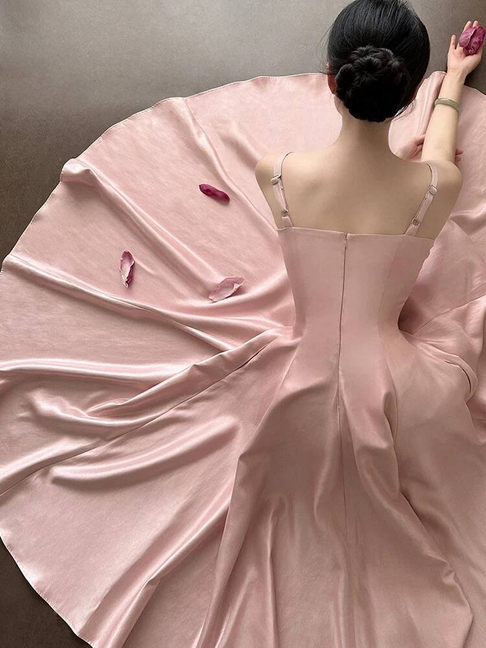 Modest A line Blush Pink Satin Long Prom Dresses Party Dress 21st Birthday Outfits Graduation Dress AU256