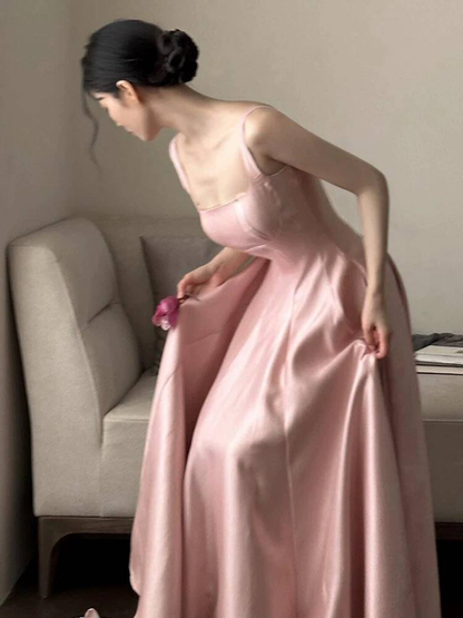 Modest A line Blush Pink Satin Long Prom Dresses Party Dress 21st Birthday Outfits Graduation Dress AU256