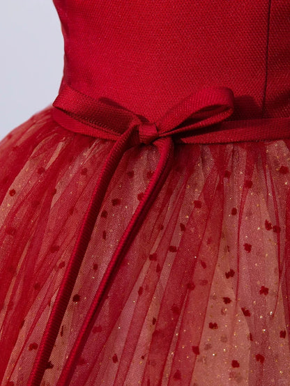 Modest A line Square Neck Red Tulle Polka Dots Prom Dresses Long Evening Party Formal Outfits RB6651