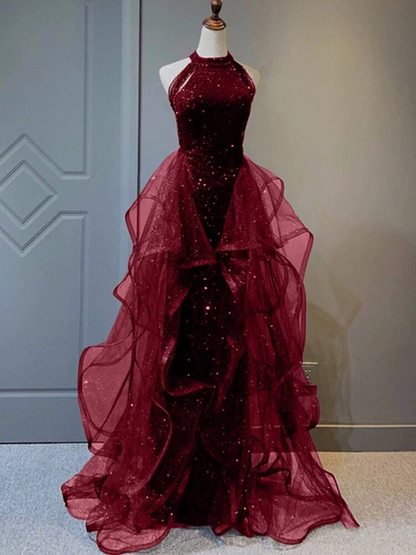 Modest Ball Gown High Neck Burgundy Sequin Long Prom Dresses Party Dress 21st Birthday Outfits Graduation Dress AU259
