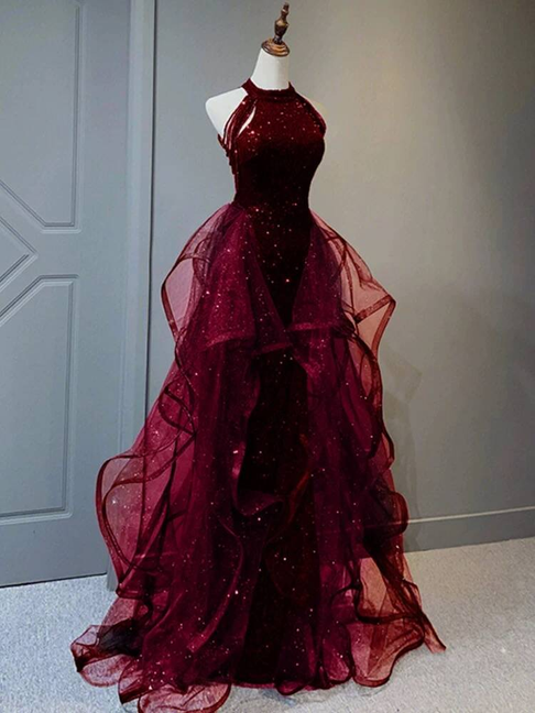 Modest Ball Gown High Neck Burgundy Sequin Long Prom Dresses Party Dress 21st Birthday Outfits Graduation Dress AU259