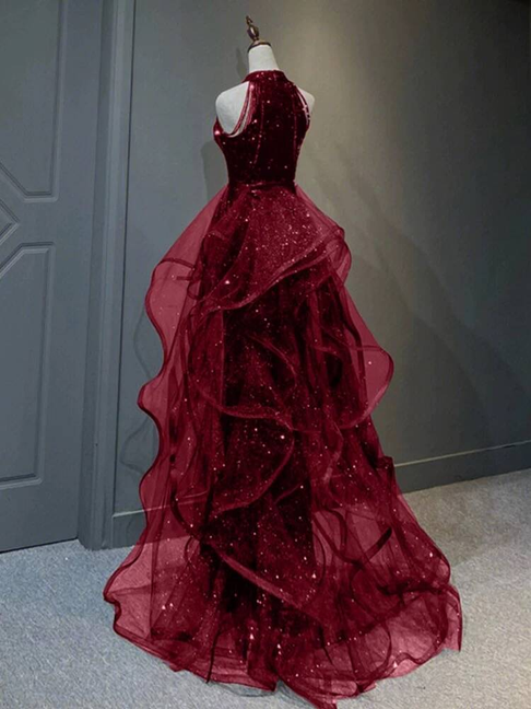 Modest Ball Gown High Neck Burgundy Sequin Long Prom Dresses Party Dress 21st Birthday Outfits Graduation Dress AU259