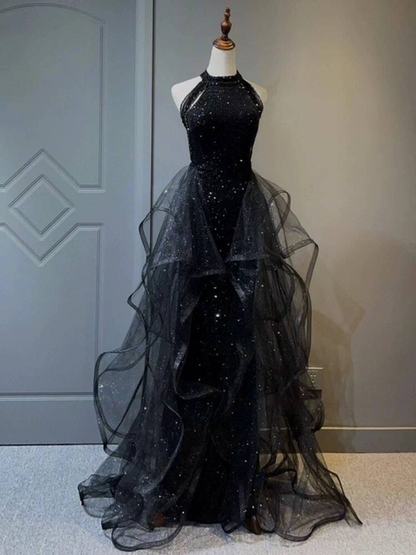 Classy Ball Gown High Neck Black Sequin Long Prom Dresses Party Dress 21st Birthday Outfits Graduation Dress AU260