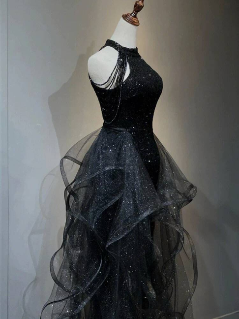 Classy Ball Gown High Neck Black Sequin Long Prom Dresses Party Dress 21st Birthday Outfits Graduation Dress AU260