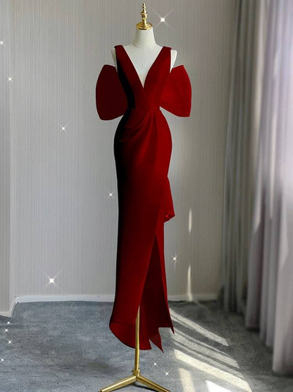 Simple Sheath V Neck Red Satin Long Prom Dresses Party Dress 21st Birthday Outfits Graduation Dress AU261