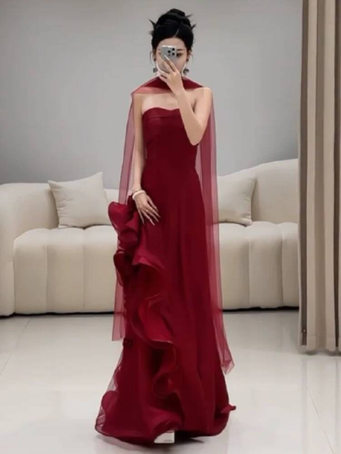 Classy Mermaid Sweetheart Burgundy Tulle Long Prom Dresses With Scarf Party Dress 21st Birthday Outfits Graduation Dress AU265