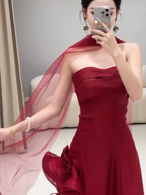 Classy Mermaid Sweetheart Burgundy Tulle Long Prom Dresses With Scarf Party Dress 21st Birthday Outfits Graduation Dress AU265