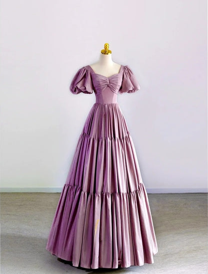 Modest A line Sweetheart Neck Lilac Satin With Puffy Sleeves Prom Dresses Long Evening Party Formal Outfits RB6652