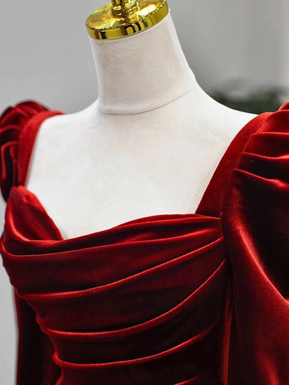 Modest Mermaid Sweetheart Burgundy Velvet Long Sleeves Prom Dresses Inspiration Party Dress Princess Graduation Dress AU267