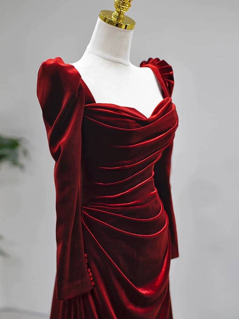 Modest Mermaid Sweetheart Burgundy Velvet Long Sleeves Prom Dresses Inspiration Party Dress Princess Graduation Dress AU267