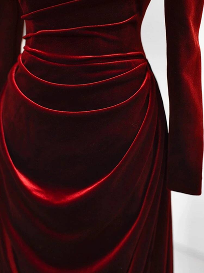 Modest Mermaid Sweetheart Burgundy Velvet Long Sleeves Prom Dresses Inspiration Party Dress Princess Graduation Dress AU267