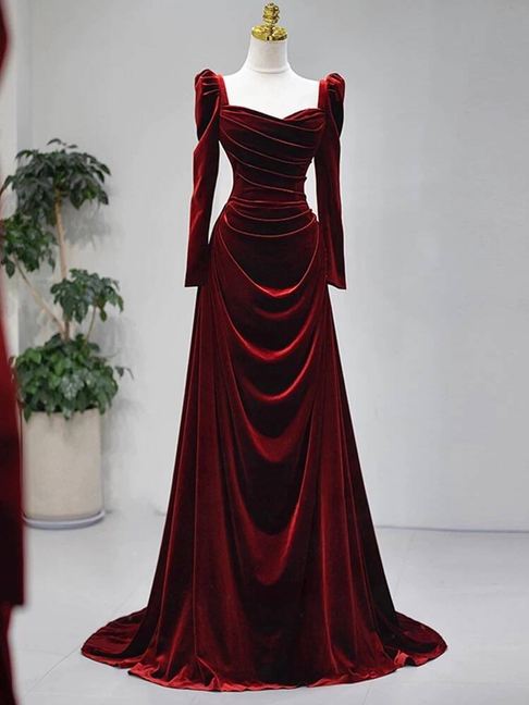 Modest Mermaid Sweetheart Burgundy Velvet Long Sleeves Prom Dresses Inspiration Party Dress Princess Graduation Dress AU267