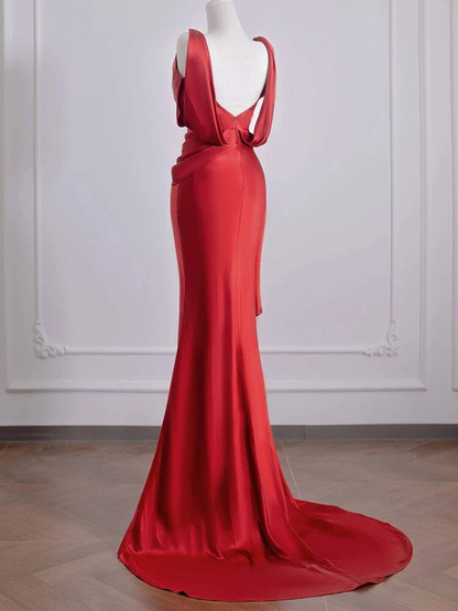 Sexy Mermaid Red Sleeveless Satin Long Prom Dresses Party Dress 21st Birthday Outfits Graduation Dress AU270